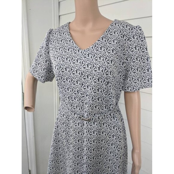 60s Mod Black Silver Metallic Print Dress Polyester Vintage L XL 40 Bust - Picture 4 of 10